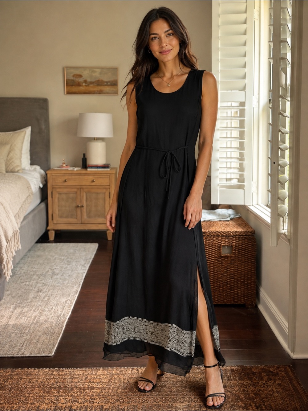 Bridgetown Collection Silk Maxi Dress with Embroidered Hem